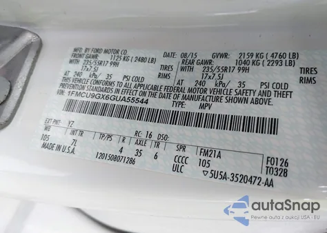 2016 Ford Escape Se z USA, uszkodzony, nr VIN 1FMCU9GX6GUA55544